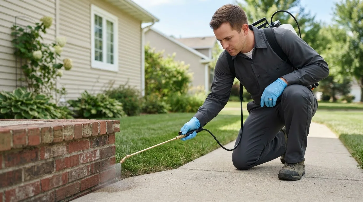 Pest control technician treating a home near Mapleton, KS