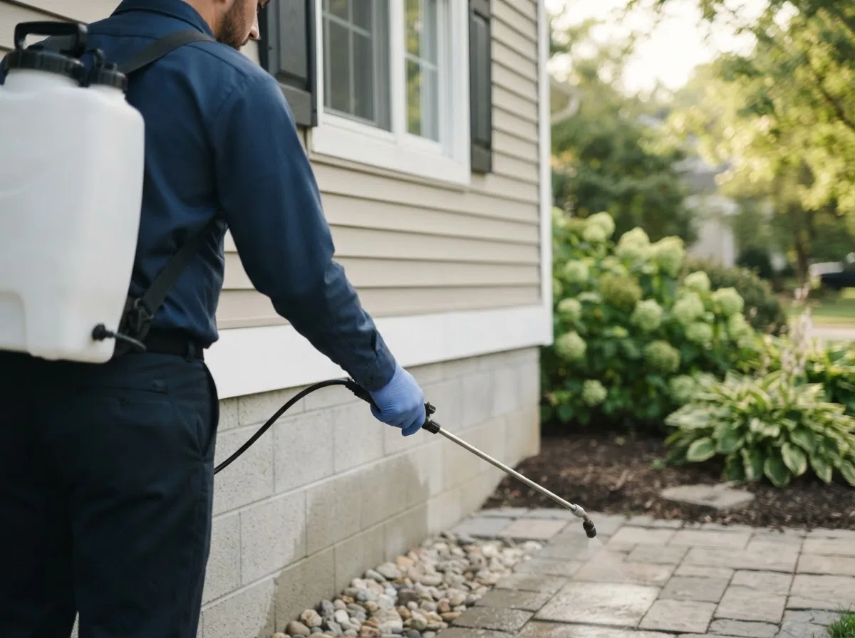 Pest control technician inspecting a home in Mapleton, KS